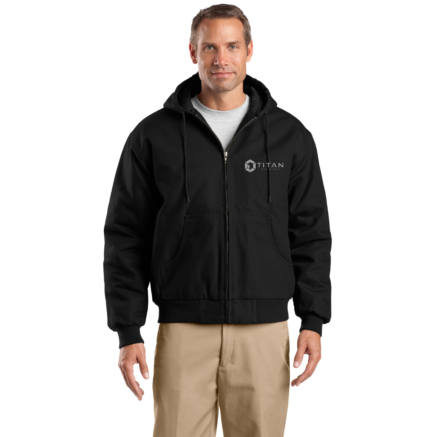 CornerStone Tall Duck Cloth Hooded Work Jacket - Titan — model