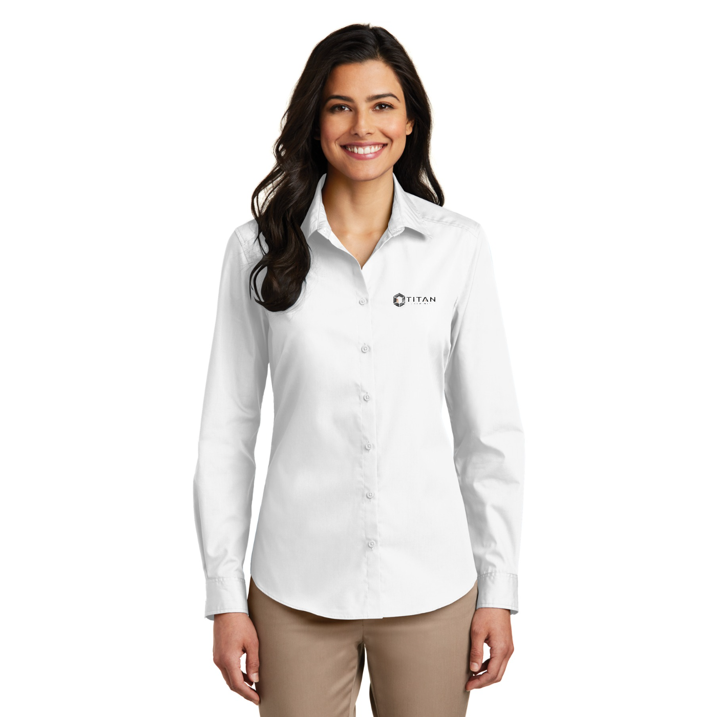 Port Authority Women's Long Sleeve Carefree Poplin Shirt — model