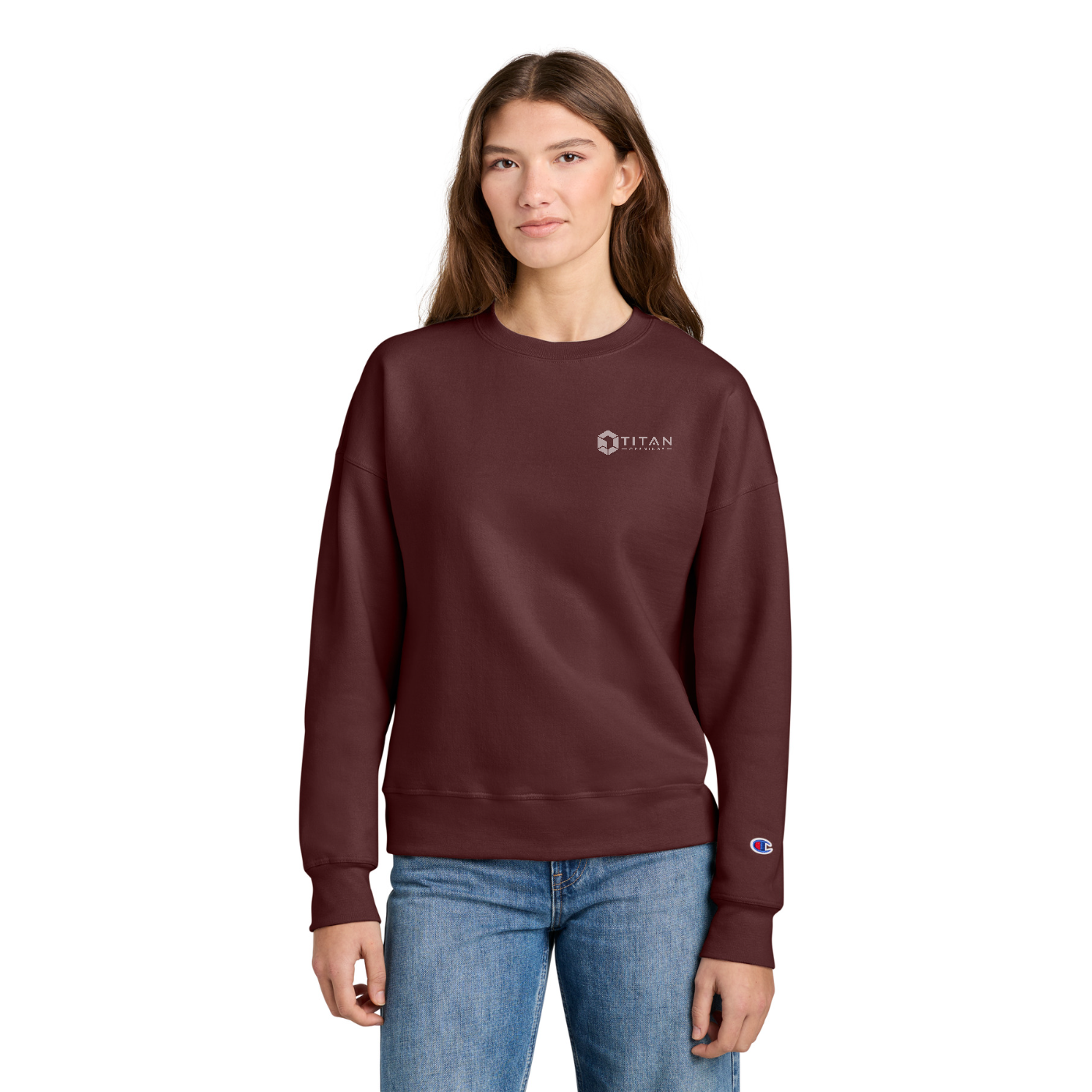 Champion Women's Powerblend Crewneck Sweatshirt - Titan — model